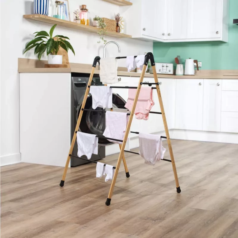 Beldray LA00000051EU7 Bamboo Clothes Airer - Folding A-Frame, 7m Drying Space, 12 Rails, 2 Tiers, Natural Bamboo