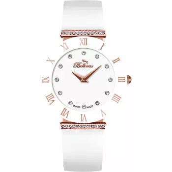 BELLEVUE E120 Damen Quarz Analoguhr 26mm Edelstahlgehäuse Weißes Zifferblatt Schwarzes Lederarmband