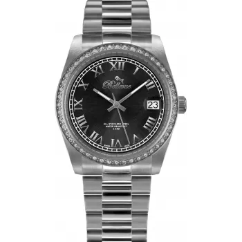 BELLEVUE H1 Damen Quarzuhr 35mm silbernes Zifferblatt schwarzes Lederarmband