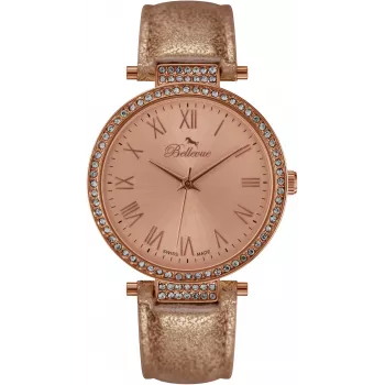 BELLEVUE Woman B39 35mm Quarzuhr silbernes Zifferblatt schwarzes Lederarmband