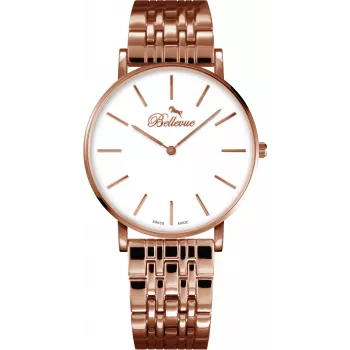 BELLEVUE Woman D32 40mm Quarz-Analoguhr Silbernes Zifferblatt Schwarzes Lederarmband