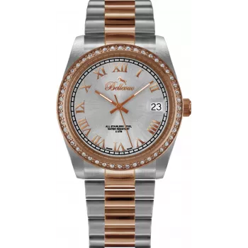 BELLEVUE Woman I21 36mm analoge Quarzuhr silbernes Zifferblatt schwarzes Lederarmband