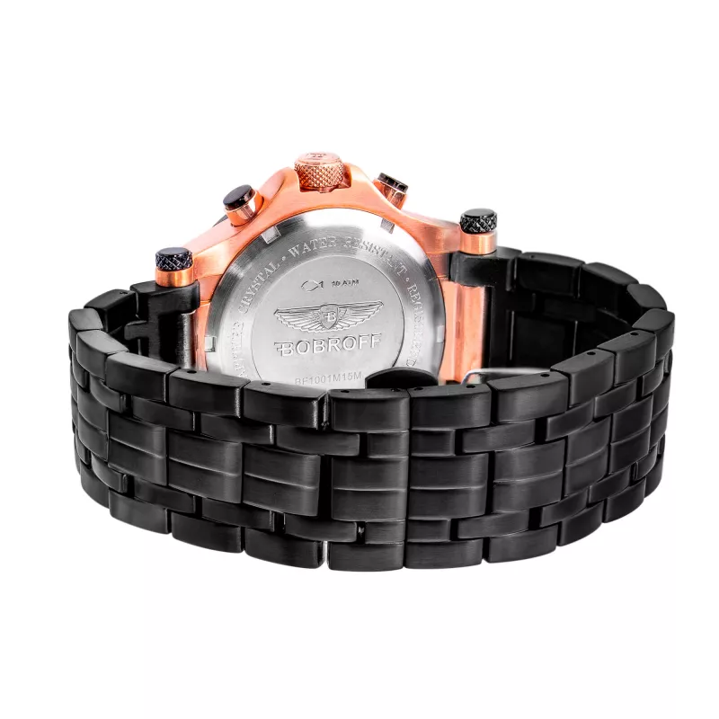 BOBROFF MAN BF1001M15M 44mm analoge Quarzuhr mit schwarzem Zifferblatt und Armband aus echtem Leder