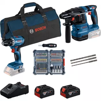 Bosch 18V Professional Set Bohrhammer GBH 18V-22 + Bohrmaschine GSR 18V-45 - (blau/schwarz, 2x Li-Ion Akku 4.0Ah, Hammerbohrer und Bit-Set, Werkzeugtasche) (0615V0003D)