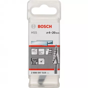 Bosch HSS Stufenbohrer 4-20 mm, 3-Flächen-Schaft, 70,5 mm Länge 2608597519
