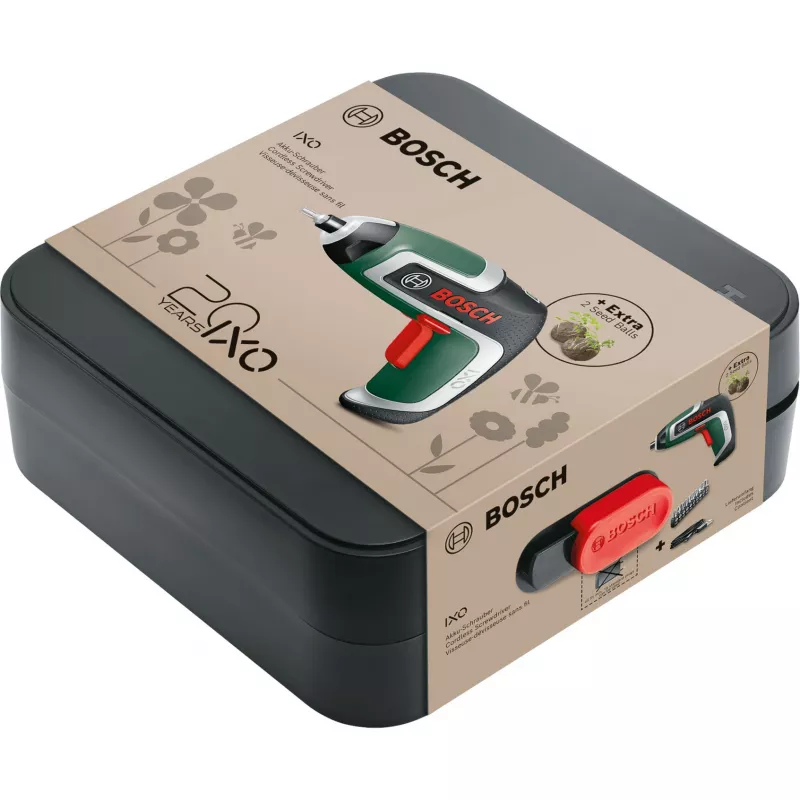 BOSCH Powertools IXO 7 Anniversary Set 3,6V Akku-Schrauber (Grün/Schwarz, Li-Ion 2,0Ah, Bit-Set, Saatgutkugeln, Box)