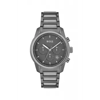 BOSS Herrenuhr 1514005 44mm Edelstahlgehäuse blaues Zifferblatt braunes Lederarmband Chronograph Quarz