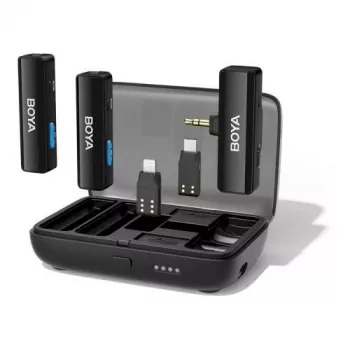 BOYA BOYALINK-TX kabelloses Mikrofonsystem, 2,4 GHz, 1 Empfänger und 2 Sender, ultralange Akkulaufzeit, Schwarz