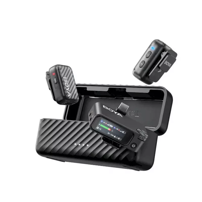 BOYA BOYAMIC 2-02 Drahtloses Mikrofonsystem 2,4GHz, KI-gestützte Geräuschunterdrückung, 2 Empfänger + 1 Sender (USB-C) Schwarz