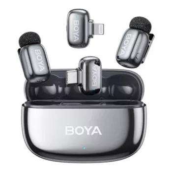 BOYA Mini 2-01 kabelloses Mikrofonsystem mit KI-Rauschunterdrückung, 2 Sendern und 2 Empfängern (USB-C und Lightning), Space Gray