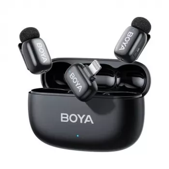 BOYA Mini 2-03 kabelloses Mikrofonsystem 2,4GHz, KI-Rauschunterdrückung, 2 Sender + 1 Lightning-Empfänger, Schwarz