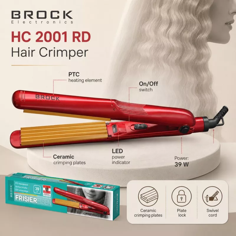 Brock HC 2001 RD Keramik-Haarcrimper 25 W, Rot