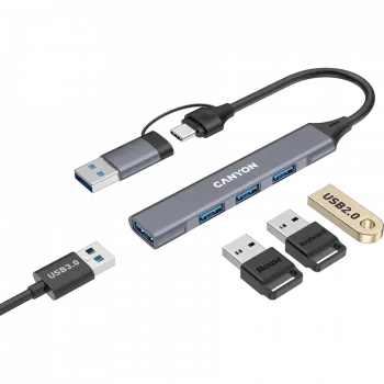 CANYON DS-02 4-in-1 USB-A/C Hub, Grau