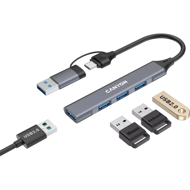 CANYON DS-02 4-in-1 USB-A/C Hub, Grau
