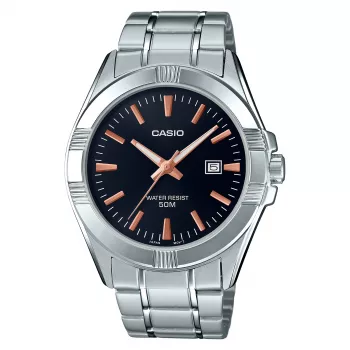 CASIO MTP-1308D-1A2 Herren Analog-Quarzuhr, 48,9 mm, schwarzes Zifferblatt, silbernes Edelstahlband