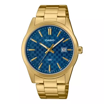CASIO MTPVD03G2AUDF Herren Analog-Quarzuhr, 45mm Edelstahlgehäuse, blaues Zifferblatt, goldfarbenes Armband, 50m Wasserbeständigkeit