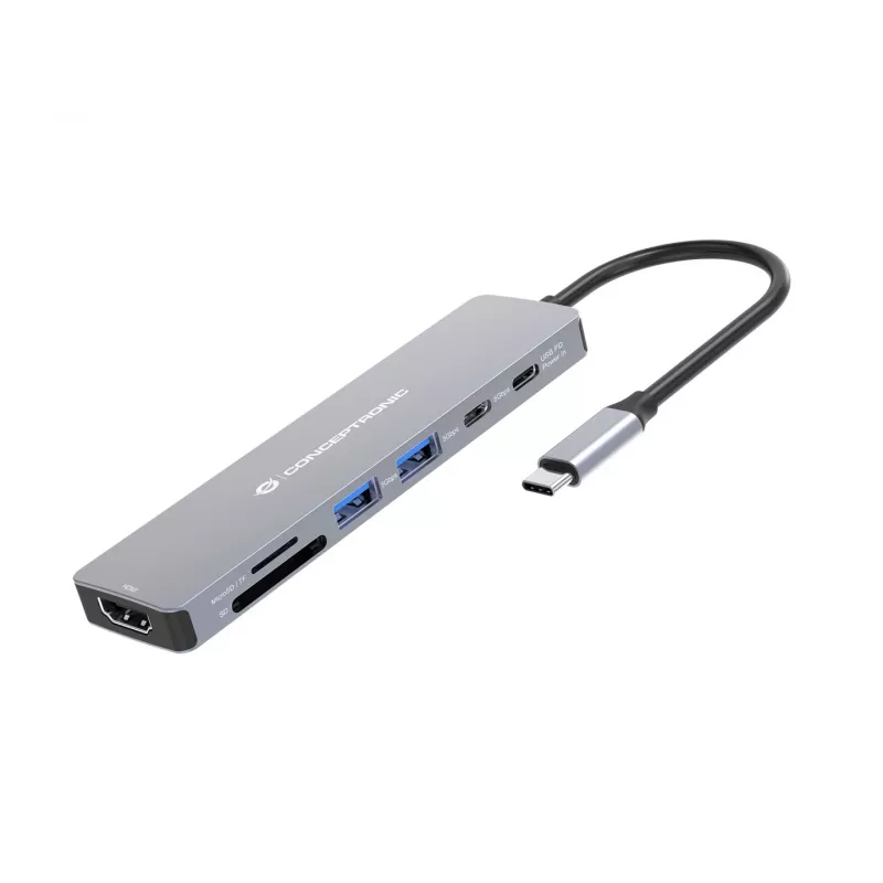 CONCEPTRONIC 7-in-1 USB-C Docking Station mit HDMI, USB-C PD, 2x USB-A, SD- & MicroSD-Kartenleser, 25 cm Kabel, Space Grey