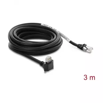 Delock GigE Kamera-Kabel Cat.6 S/FTP 3m, RJ45 90° Winkelstecker mit Schrauben (28mm) zu RJ45 gerader Stecker, Schwarz