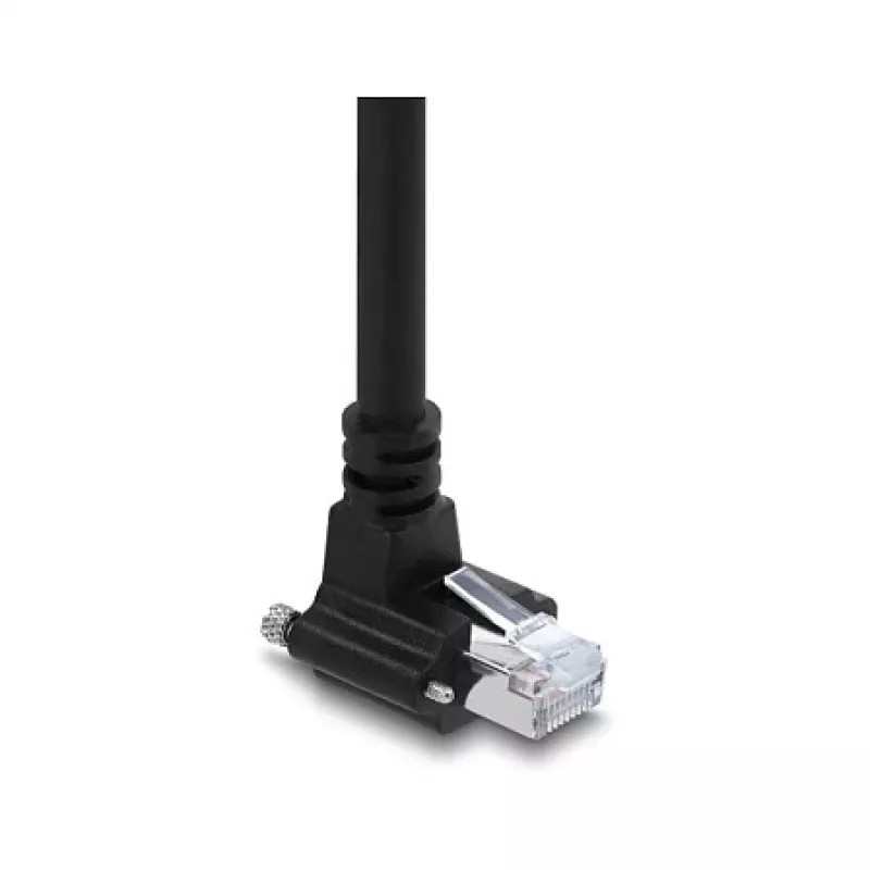 Delock GigE-Kamerakabel RJ45-Stecker 90° abgewinkelt mit Schrauben, Steckerlänge 28 mm auf RJ45-Stecker Cat.6 S/FTP 5 m Schwarz