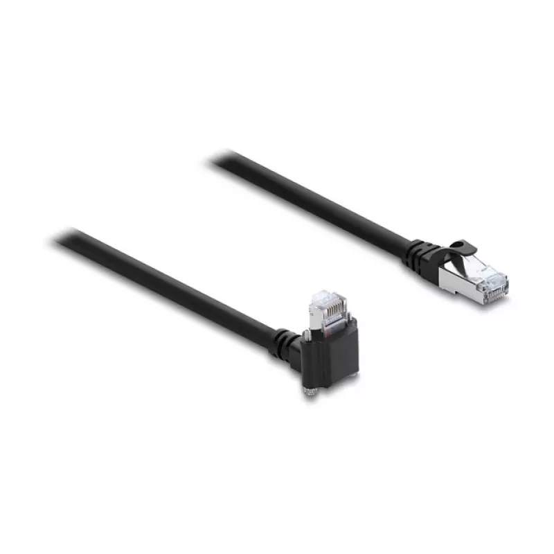 Delock GigE-Kamerakabel RJ45-Stecker 90° abgewinkelt mit Schrauben, Steckerlänge 28 mm auf RJ45-Stecker Cat.6 S/FTP 5 m Schwarz