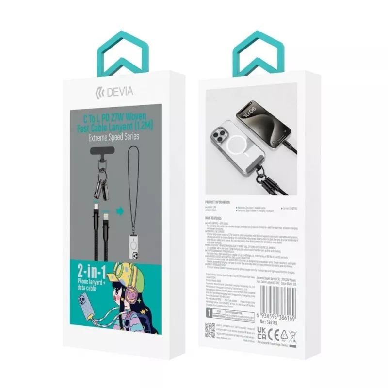 Devia 2-in-1 USB-C auf Lightning Kabel Lanyard 1,2m 27W Schwarz