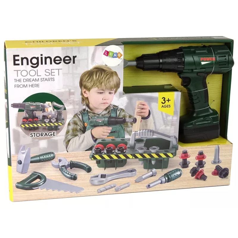 Heimwerker-Set mit batteriebetriebenem Schrauber und Organizer, Grün, 13473 Lean Toys