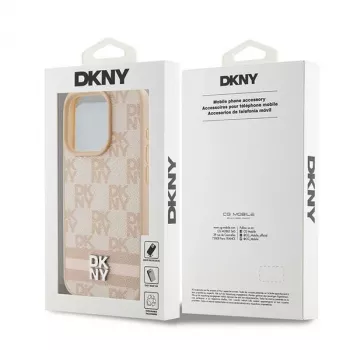 DKNY Leder Case mit kariertem Mono-Muster und aufgedruckten Streifen für iPhone 15 Pro - Pink