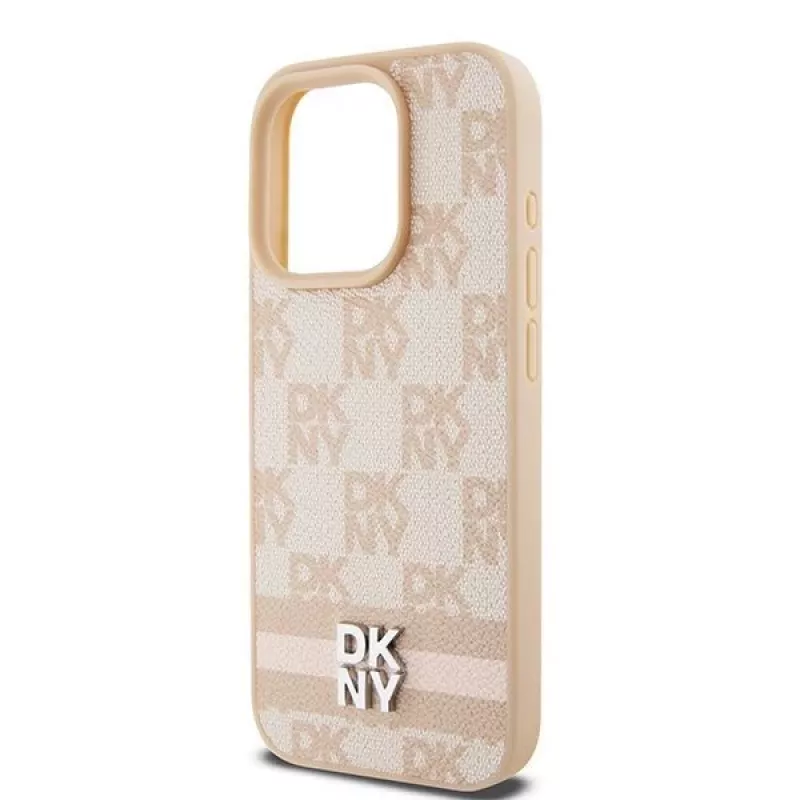 DKNY Leder Case mit kariertem Mono-Muster und aufgedruckten Streifen für iPhone 15 Pro - Pink