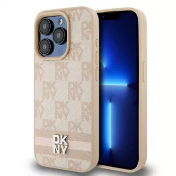 DKNY Leder Case mit kariertem Mono-Muster und aufgedruckten Streifen für iPhone 15 Pro - Pink
