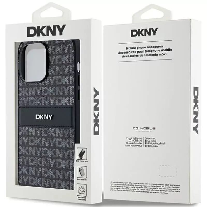 DKNY Leder Mono Stripe & Metall-Logo Hülle für Apple iPhone 14 Pro - Schwarz