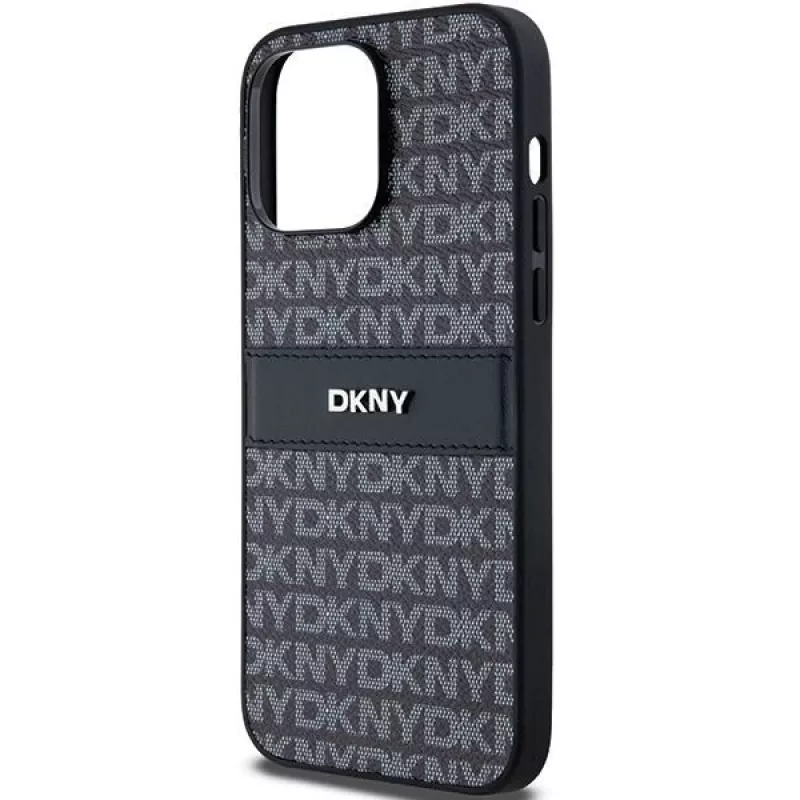 DKNY Leder Mono Stripe & Metall-Logo Hülle für Apple iPhone 14 Pro - Schwarz