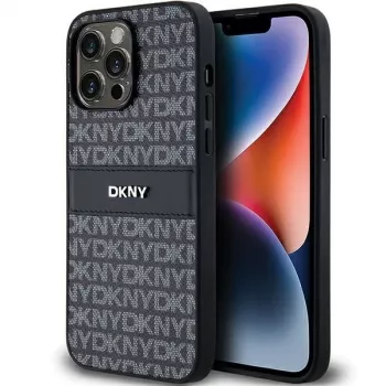 DKNY Leder Mono Stripe & Metall-Logo Hülle für iPhone 14 Pro Max - Schwarz