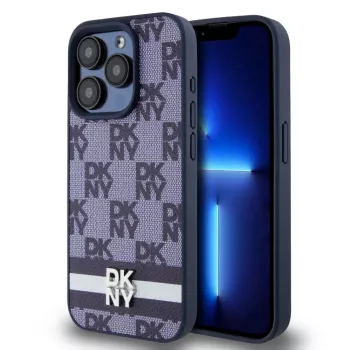 DKNY PU-Leder Case mit Karomuster und Streifen für iPhone 15 Pro Blau