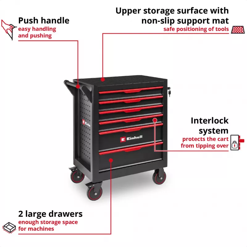 EINHELL-KWB Werkstattwagen leer, 6 Schubladen (Schwarz/Rot, 4 flache, 2 hohe Schubladen)
