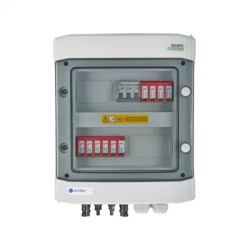 EMITER Schaltanlage angeschlossen DCAC Hermetic IP65 EMITTER mit DC-Überspannungsableiter Dehn 1000V Typ 2, 2 x PV-String, 2 x MPPT // og. AC Dehn Typ 2, 16A 3-Phasen