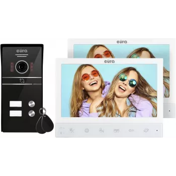 EURA VDP-80C5 Video-Türsprechanlage für zwei Familien, Weiß, 2x 7 Zoll LCD, FHD, 1080p Kamera, RFID-Leser, Aufputzmontage
