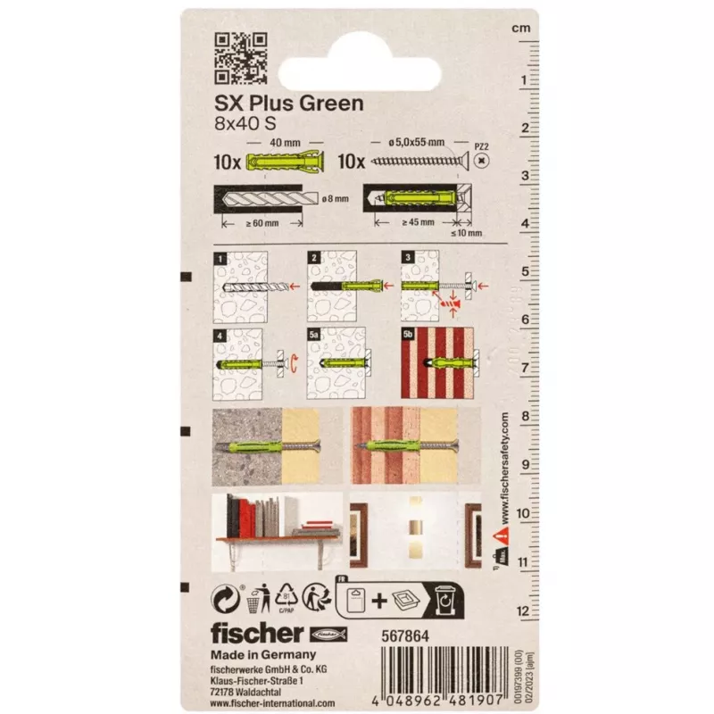 Fischer SX Plus Green 8x40 S K Spreizdübel mit Schraube, 10 Stück (567864)