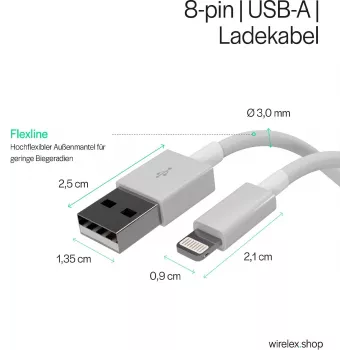 Flexline USB-Lade- und Sync-Kabel, USB-A auf 8-Pin (Lightning), 2.0, ABS, Weiß, 5,0 m (FL31-12048)