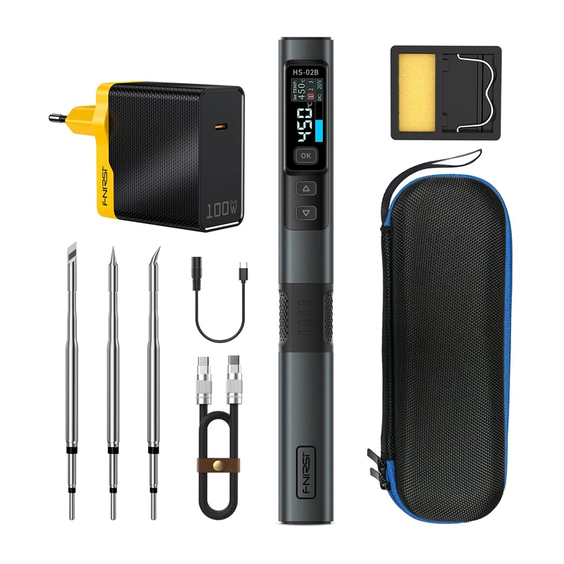 FNIRSI HS-02B F 100 W Smarter Lötkolben mit Werkzeugset, USB-C PD/QC/DC 9-20 V, 0,96" IPS-Display, 100-450°C, schnelles Aufheizen