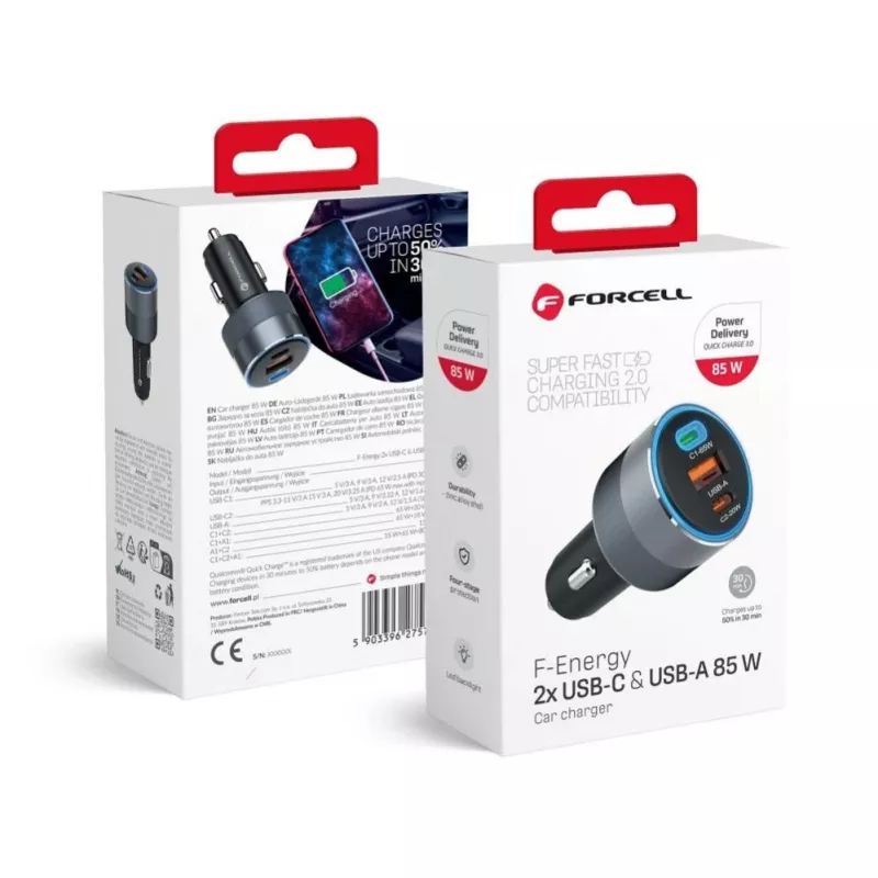 Forcell F-Energy Alu Car Charger 2 x Type C + USB A PD QC4 SFC 2.0 4.5A 85W