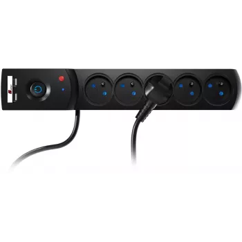 GETFORT Steckdosenleiste mit Überspannungsschutz 5P-1.5M-B-USB, 5 Steckdosen, 2 USB, 1,5 m, Schwarz