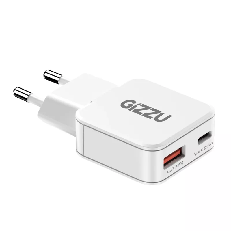 Gizzu 2-Port 20W GaN-Wandladegerät USB-C PD 3.0 + USB-A QC 3.0 Schnellladeadapter - Weiß