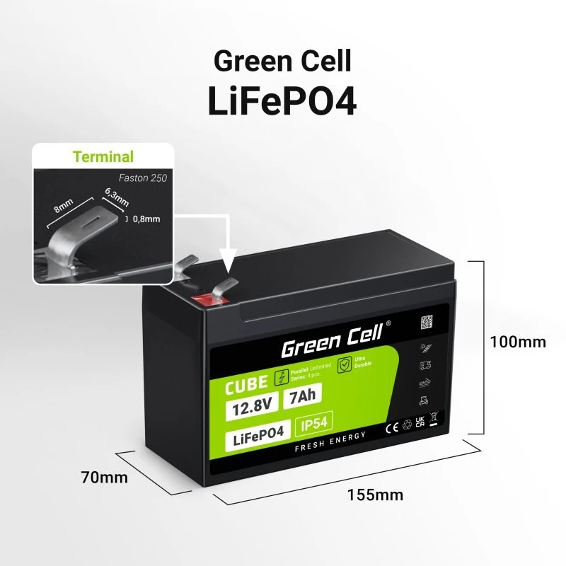Green Cell LFPGC12V7AH USV-Batterie Lithium-Eisenphosphat (LiFePO4) 12,8 V 7 Ah