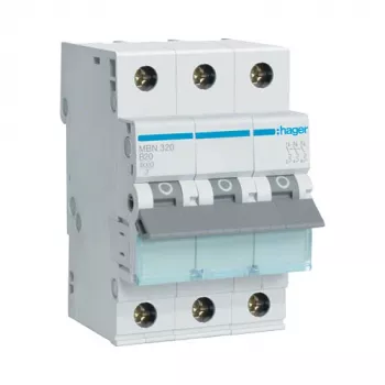 Hager MBN320 3-poliger 20 A B-Charakteristik Leitungsschutzschalter, 6 kA, 3 Module