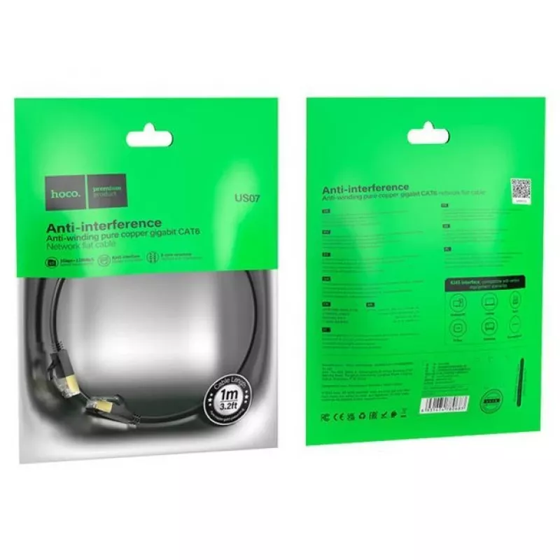 HOCO US07 Allgemeines flaches Netzwerkkabel aus reinem Kupfer (1m) Schwarz
