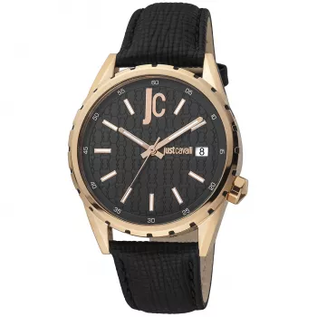JUST CAVALLI MAN JC1G217L0035 Quarz-Analoguhr 42mm schwarzes Zifferblatt Edelstahlgehäuse schwarzes Lederarmband