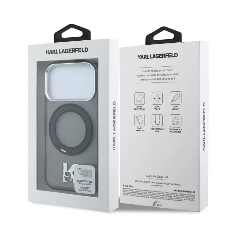 Karl Lagerfeld IML Ring Stand 360 Kameo Metal MagSafe-Hülle für iPhone 18 Pro Max / 17 Pro Max - Schwarz