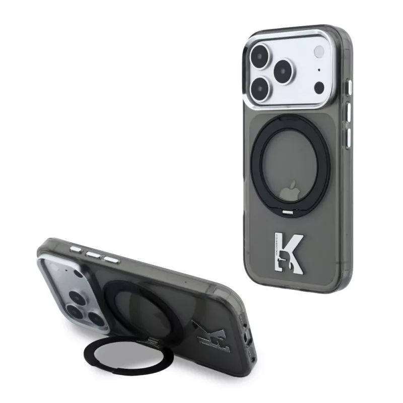 Karl Lagerfeld IML Ring Stand 360 Kameo Metal MagSafe-Hülle für iPhone 18 Pro Max / 17 Pro Max - Schwarz