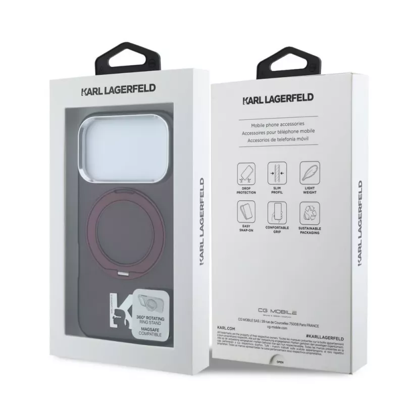 Karl Lagerfeld IML Ring Stand 360 Kameo Metal MagSafe-Hülle für iPhone 18 Pro Max / 17 Pro Max Burgundy