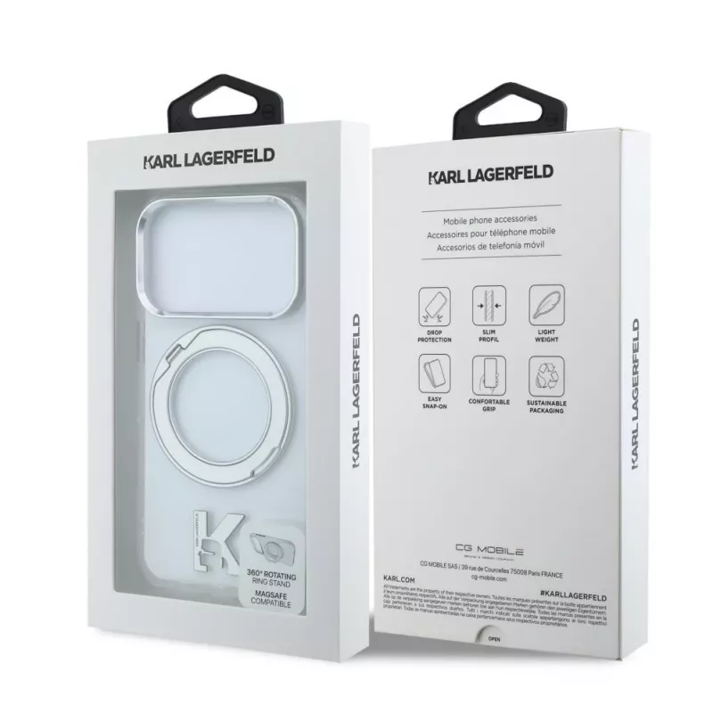 Karl Lagerfeld iPhone 18 Pro Max / 17 Pro Max MagSafe IML Ring Stand 360 Kameo Metal Transparente Hülle